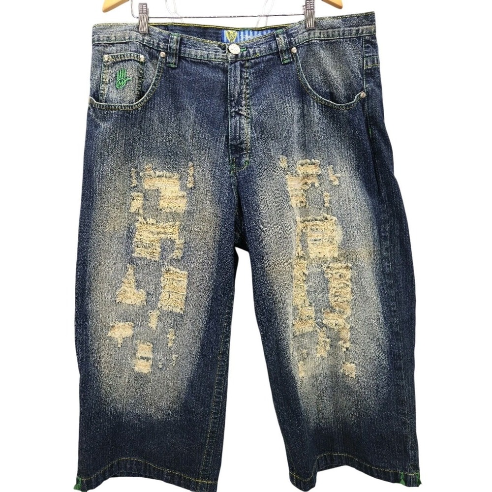 Vtg 90s Y2K Miskeen Denim Jean Shorts Jorts Embroidered Baggy Skater Jnco 42